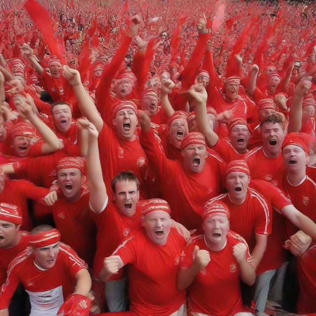 A group of fervent Red Men2008 ultra-fans celebrating in 2008. Context: football match, vibrant red attire, bursting with energy.