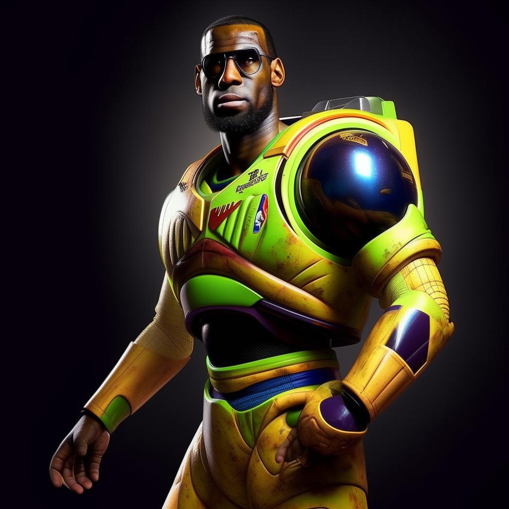 Hyper-realistic depiction of Lebron James donned in a detailed Buzz Lightyear costume, exhibiting compelling precision and vibrant colors.