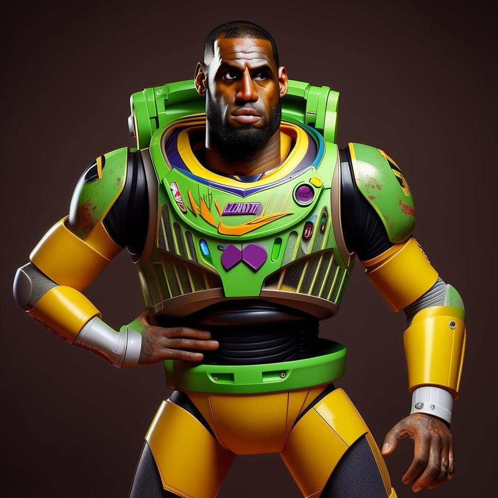 Hyper-realistic depiction of Lebron James donned in a detailed Buzz Lightyear costume, exhibiting compelling precision and vibrant colors.