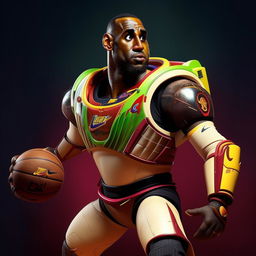 Hyper-realistic depiction of Lebron James donned in a detailed Buzz Lightyear costume, exhibiting compelling precision and vibrant colors.