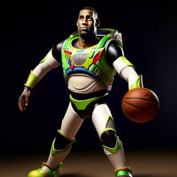 Hyper-realistic depiction of Lebron James donned in a detailed Buzz Lightyear costume, exhibiting compelling precision and vibrant colors.