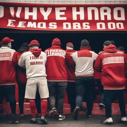 Old school Red Men Ultras in a classic setting, featuring vintage attire, nostalgic banners and classic football ambiance.