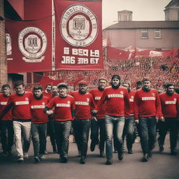 Old school Red Men Ultras in a classic setting, featuring vintage attire, nostalgic banners and classic football ambiance.