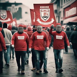 Old school Red Men Ultras in a classic setting, featuring vintage attire, nostalgic banners and classic football ambiance.