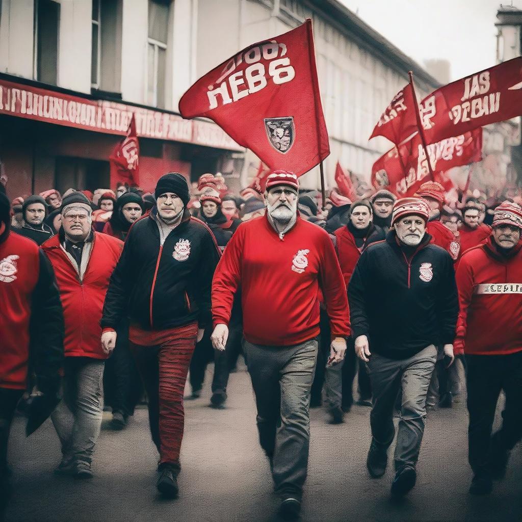 Old school Red Men Ultras in a classic setting, featuring vintage attire, nostalgic banners and classic football ambiance.