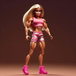 A muscular version of Barbie with toned abs, bulging biceps, and strong legs.