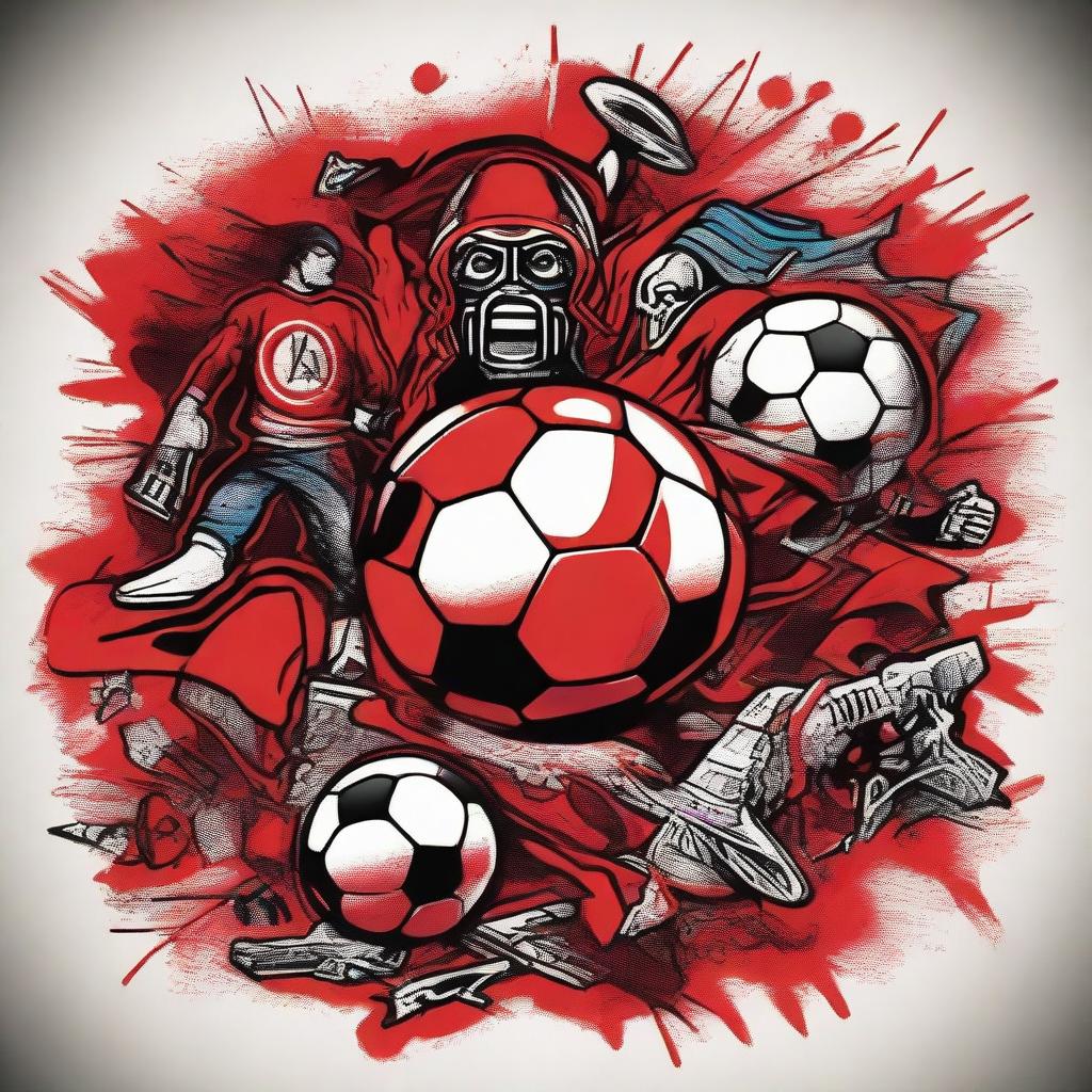 An old school graffiti-style artwork, featuring elements associated with the Ultras Red Men including vibrant red colors, football icons, and vintage themes.