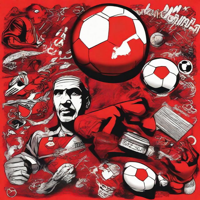 An old school graffiti-style artwork, featuring elements associated with the Ultras Red Men including vibrant red colors, football icons, and vintage themes.