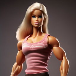 A hyper-realistic version of a muscular Barbie, appearing as a real person with detailed muscles, skin texture, and lifelike features.