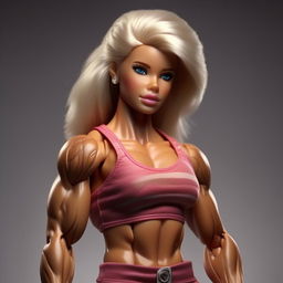 A hyper-realistic version of a muscular Barbie, appearing as a real person with detailed muscles, skin texture, and lifelike features.