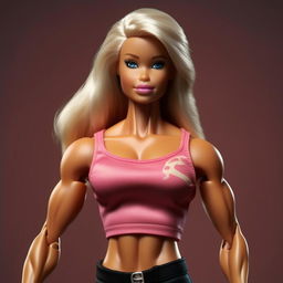 A hyper-realistic version of a muscular Barbie, appearing as a real person with detailed muscles, skin texture, and lifelike features.