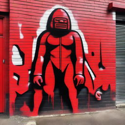 A striking graffiti art piece colored in vibrant red, illustrating old school themes related to the Red Men, with a backdrop of a brick wall for added realism.