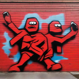 A striking graffiti art piece colored in vibrant red, illustrating old school themes related to the Red Men, with a backdrop of a brick wall for added realism.