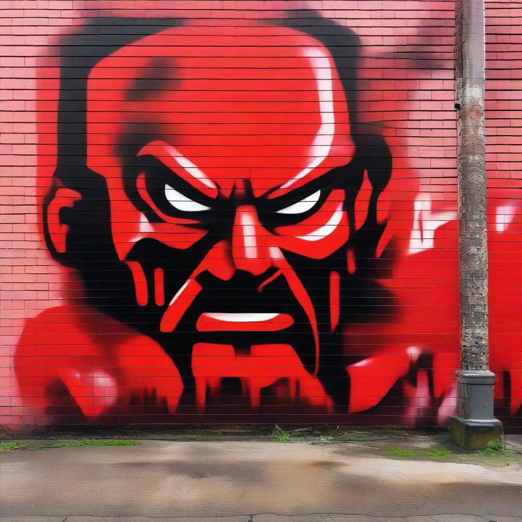 A striking graffiti art piece colored in vibrant red, illustrating old school themes related to the Red Men, with a backdrop of a brick wall for added realism.