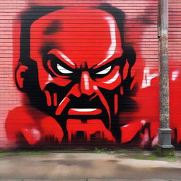 A striking graffiti art piece colored in vibrant red, illustrating old school themes related to the Red Men, with a backdrop of a brick wall for added realism.