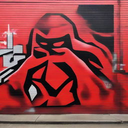 A striking graffiti art piece colored in vibrant red, illustrating old school themes related to the Red Men, with a backdrop of a brick wall for added realism.