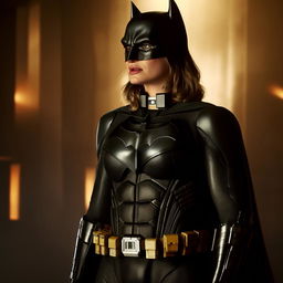 Margot Robbie in a detailed Batman costume, displaying a confident and heroic pose.