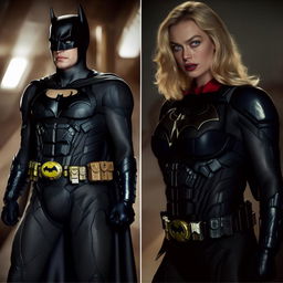 Margot Robbie in a detailed Batman costume, displaying a confident and heroic pose.