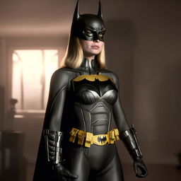 Margot Robbie in a detailed Batman costume, displaying a confident and heroic pose.