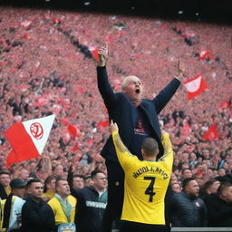 A dominant figure known as the 'Master of Ultras', portrayed amid a sea of passionately chanting football fans, displaying key symbols of Ultra fandom.