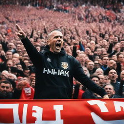 A dominant figure known as the 'Master of Ultras', portrayed amid a sea of passionately chanting football fans, displaying key symbols of Ultra fandom.