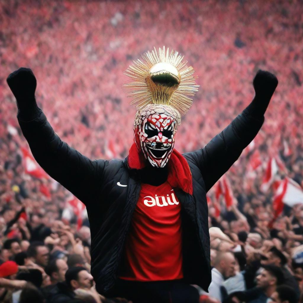 A dominant figure known as the 'Master of Ultras', portrayed amid a sea of passionately chanting football fans, displaying key symbols of Ultra fandom.