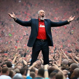 A dominant figure known as the 'Master of Ultras', portrayed amid a sea of passionately chanting football fans, displaying key symbols of Ultra fandom.