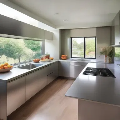 The modern and sleek kitchen design featured stainless steel countertops adorned with a touch of sodium phosphate.