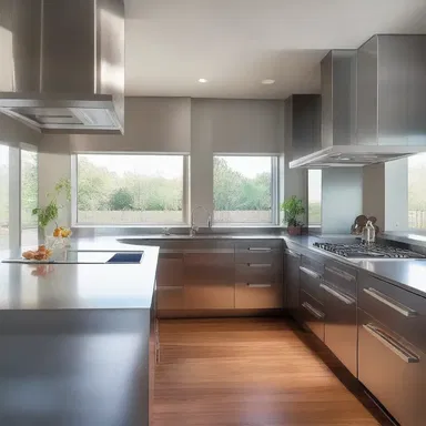 The modern and sleek kitchen design featured stainless steel countertops adorned with a touch of sodium phosphate.