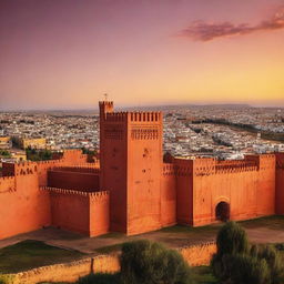 A majestic view of the red castle in Meknes city, enhanced by the warm hues of sunset, depicting its historical architecture and the surrounding cityscape.