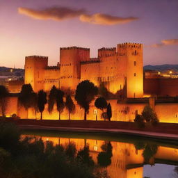 A majestic view of the red castle in Meknes city, enhanced by the warm hues of sunset, depicting its historical architecture and the surrounding cityscape.