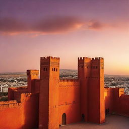 A majestic view of the red castle in Meknes city, enhanced by the warm hues of sunset, depicting its historical architecture and the surrounding cityscape.