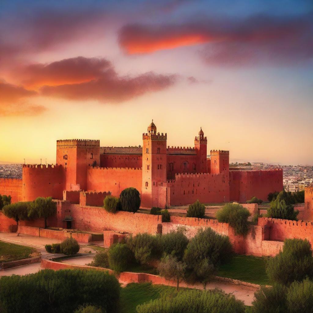 A majestic view of the red castle in Meknes city, enhanced by the warm hues of sunset, depicting its historical architecture and the surrounding cityscape.