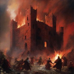 An intense piece of art depicting a red castle at the heart of a war scene, with dynamic battle action and fiery surroundings, conveying a sense of drama and history.