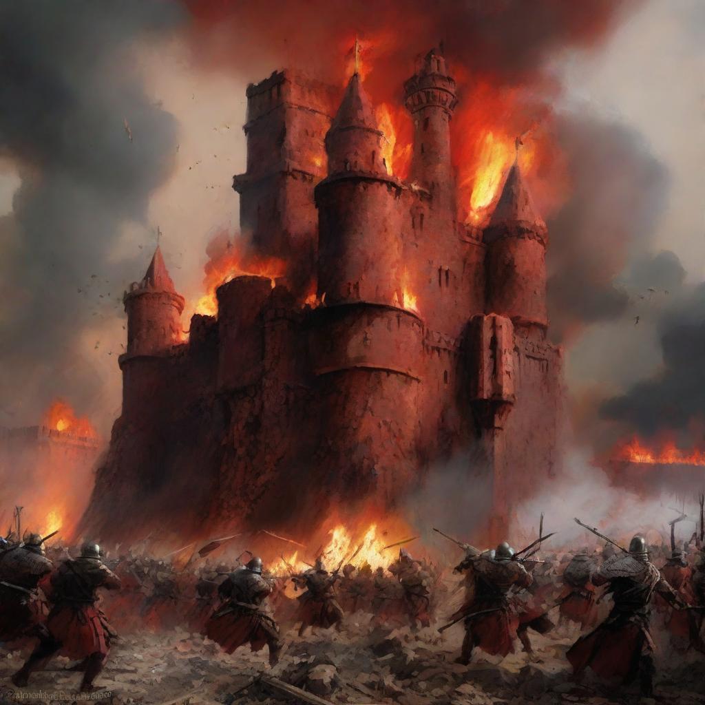 An intense piece of art depicting a red castle at the heart of a war scene, with dynamic battle action and fiery surroundings, conveying a sense of drama and history.