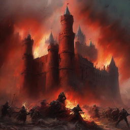 An intense piece of art depicting a red castle at the heart of a war scene, with dynamic battle action and fiery surroundings, conveying a sense of drama and history.