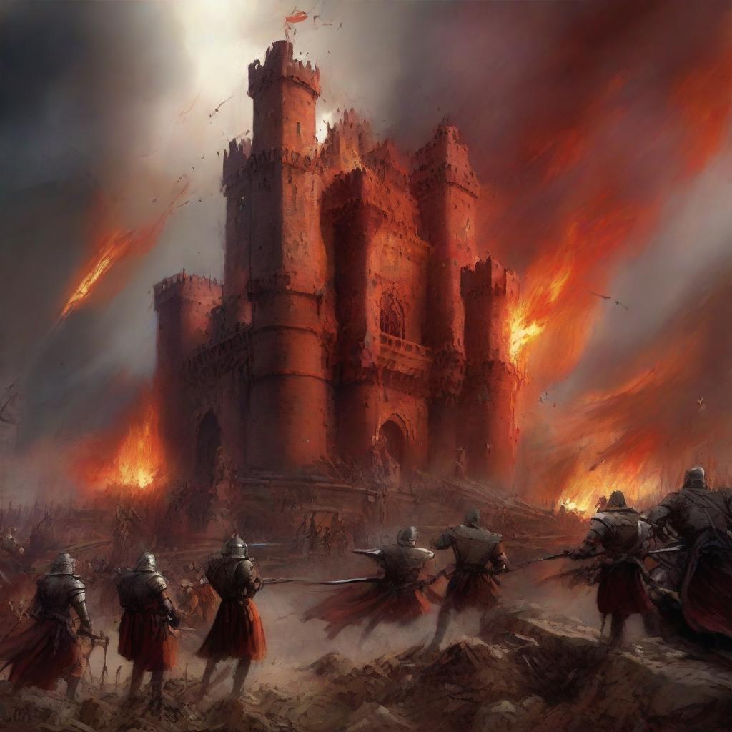 An intense piece of art depicting a red castle at the heart of a war scene, with dynamic battle action and fiery surroundings, conveying a sense of drama and history.