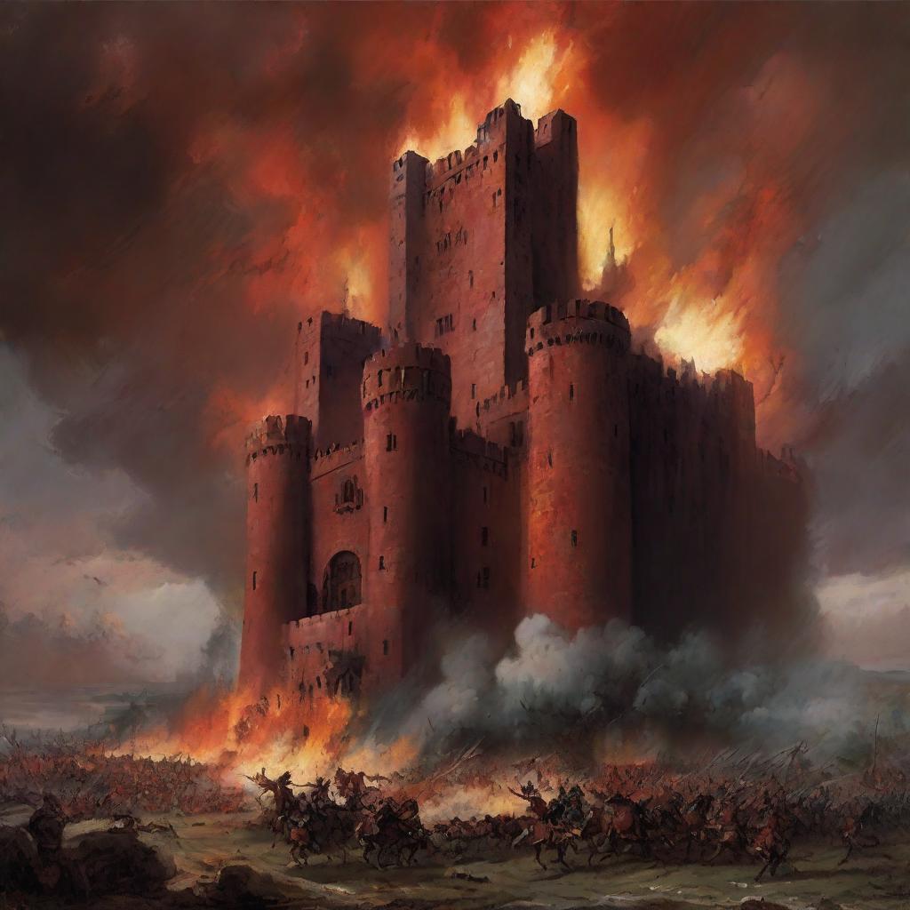 A dramatic artwork illustrating the dominating red castle exerting its power amidst a war, with striking battle scenes, fiery explosions, and a backdrop of a stormy sky.