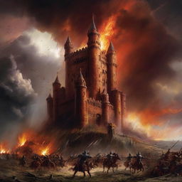 A dramatic artwork illustrating the dominating red castle exerting its power amidst a war, with striking battle scenes, fiery explosions, and a backdrop of a stormy sky.