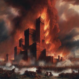 A dramatic artwork illustrating the dominating red castle exerting its power amidst a war, with striking battle scenes, fiery explosions, and a backdrop of a stormy sky.