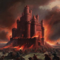 A dramatic artwork illustrating the dominating red castle exerting its power amidst a war, with striking battle scenes, fiery explosions, and a backdrop of a stormy sky.