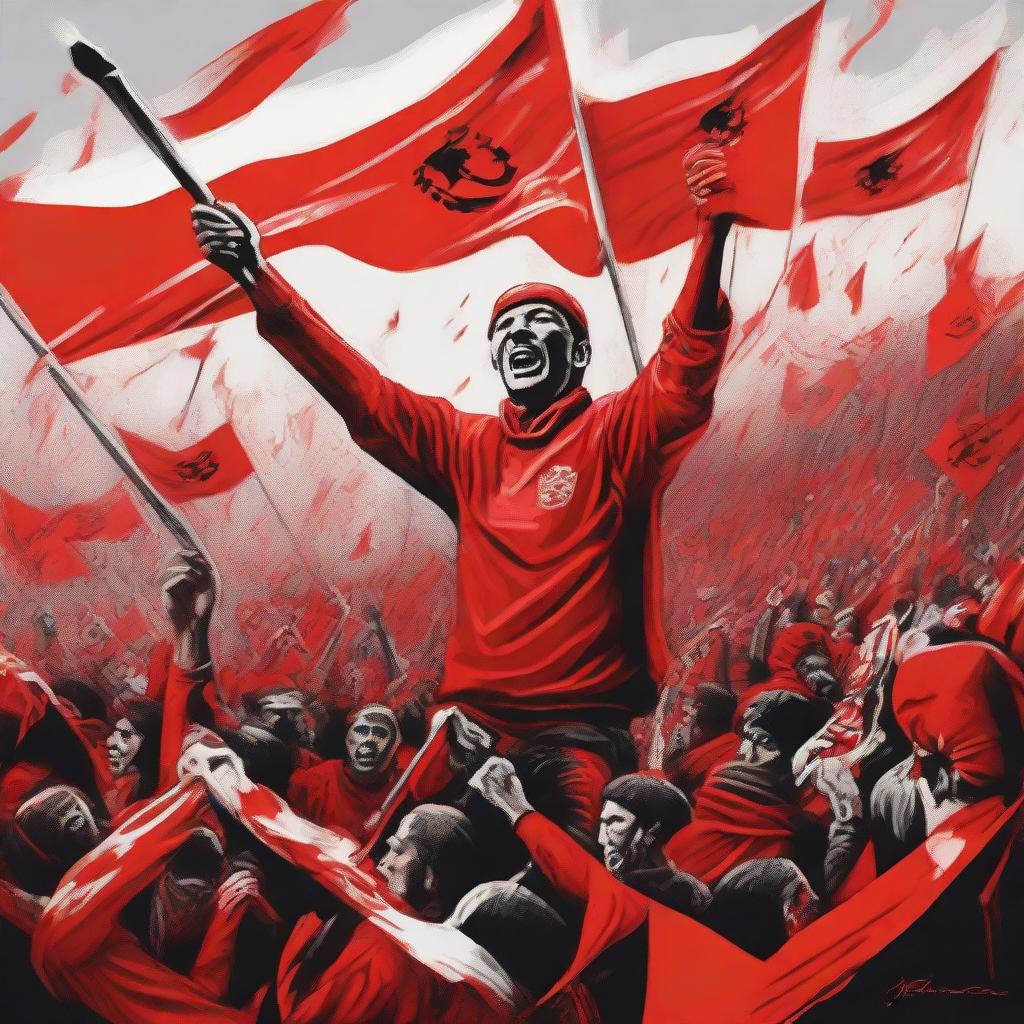 A vibrant piece of artwork representing the Red Men Ultras, filled with intense energy, passionate football fans adorned in red, waving flags, and carrying thematic symbols.