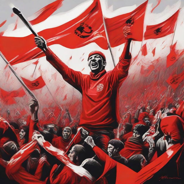 A vibrant piece of artwork representing the Red Men Ultras, filled with intense energy, passionate football fans adorned in red, waving flags, and carrying thematic symbols.