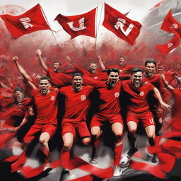 A vibrant piece of artwork representing the Red Men Ultras, filled with intense energy, passionate football fans adorned in red, waving flags, and carrying thematic symbols.