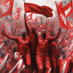 A vibrant piece of artwork representing the Red Men Ultras, filled with intense energy, passionate football fans adorned in red, waving flags, and carrying thematic symbols.