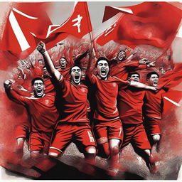 A vibrant piece of artwork representing the Red Men Ultras, filled with intense energy, passionate football fans adorned in red, waving flags, and carrying thematic symbols.