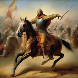 A Medieval Muslim soldier, depicted as a heroic one-man army, ferociously battling against a cavalry. His bravery shines through in this vivid, action-packed painting.