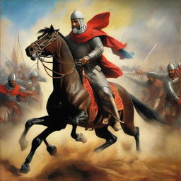 A Medieval Muslim soldier, depicted as a heroic one-man army, ferociously battling against a cavalry. His bravery shines through in this vivid, action-packed painting.