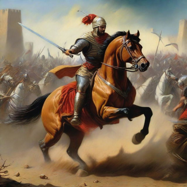 A Medieval Muslim soldier, depicted as a heroic one-man army, ferociously battling against a cavalry. His bravery shines through in this vivid, action-packed painting.