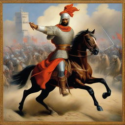 A Medieval Muslim soldier, depicted as a heroic one-man army, ferociously battling against a cavalry. His bravery shines through in this vivid, action-packed painting.